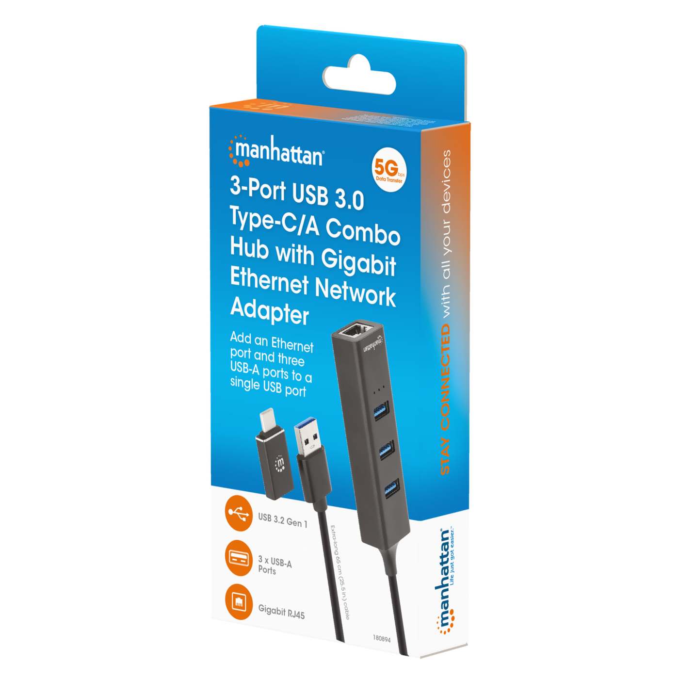 3-Port USB 3.0 Type-C/A Combo Hub with Gigabit Ethernet Network Adapter Packaging Image 2