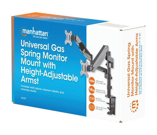 Universal Gas Spring Monitor Mount with Height-Adjustable Arms, for 17" to 32" Displays Packaging Image 2