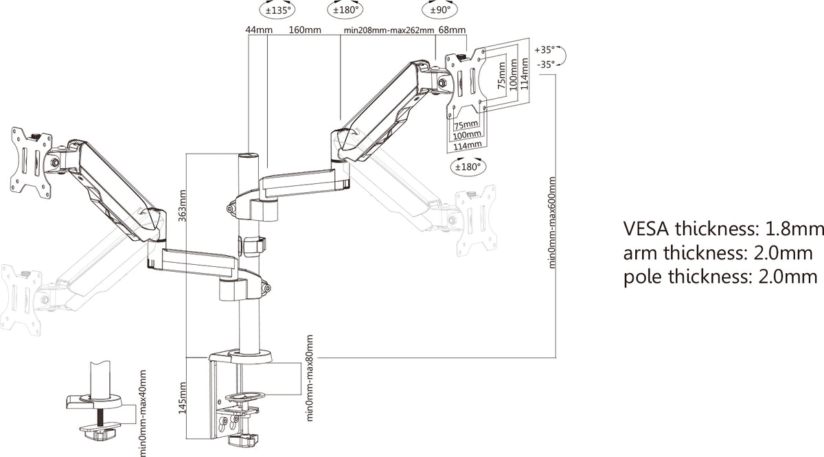 Universal Gas Spring Monitor Mount with Height-Adjustable Arms, for 17" to 32" Displays Image 11
