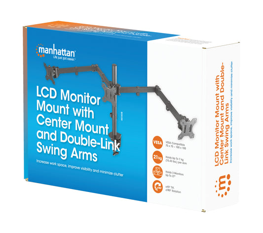 Triple Monitor Mount with Center Mount and Double-Link Swing Arms, for 13" to 27" Displays Packaging Image 2