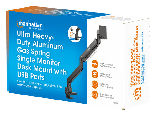 Ultra Heavy-Duty Aluminum Gas Spring Single Monitor Desk Mount with USB Ports Packaging Image 2