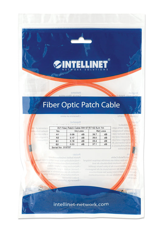 1 m ST to ST UPC Fiber Optic Patch Cable, 3.0 mm, Duplex, LSZH, OM1 Multimode, Orange Packaging Image 2