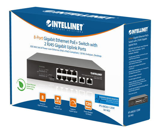 8-Port Gigabit Ethernet PoE+ Switch with 2 RJ45 Gigabit Uplink Ports Packaging Image 2