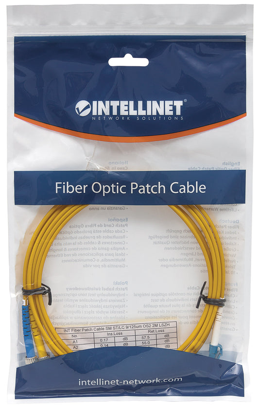 2 m LC to ST UPC Fiber Optic Patch Cable, 3.0 mm, Duplex, LSZH, OS2 Singlemode, Yellow Packaging Image 2