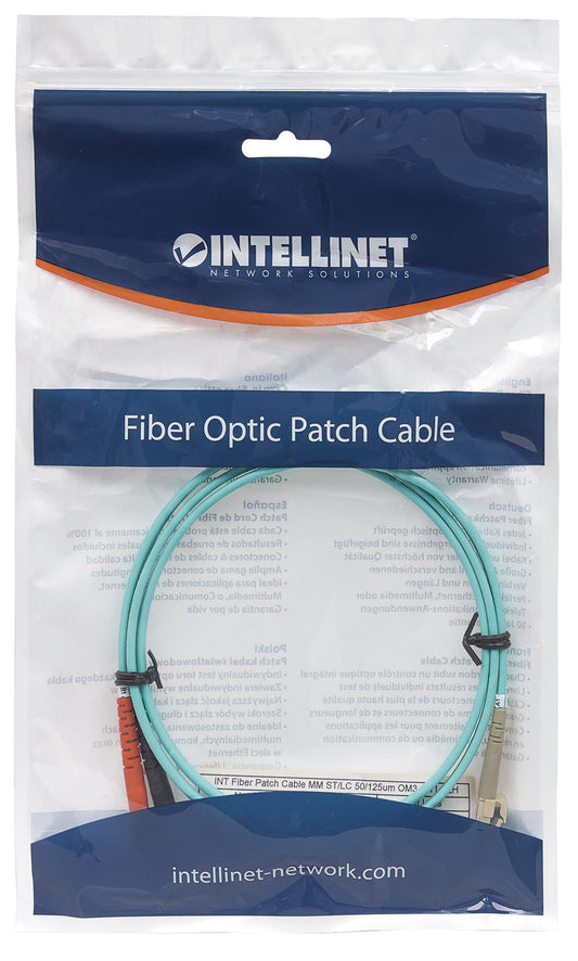 1 m LC to ST UPC Fiber Optic Patch Cable, 3.0 mm, Duplex, LSZH, OM3 Multimode, Aqua Packaging Image 2