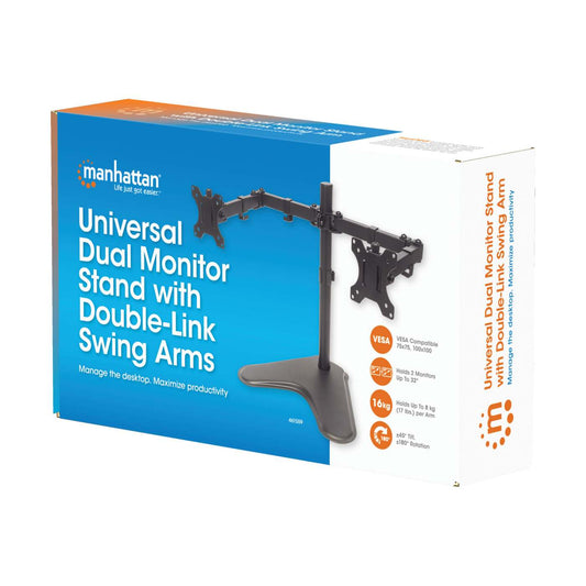 Universal Dual Monitor Stand with Double-Link Swing Arms Packaging Image 2