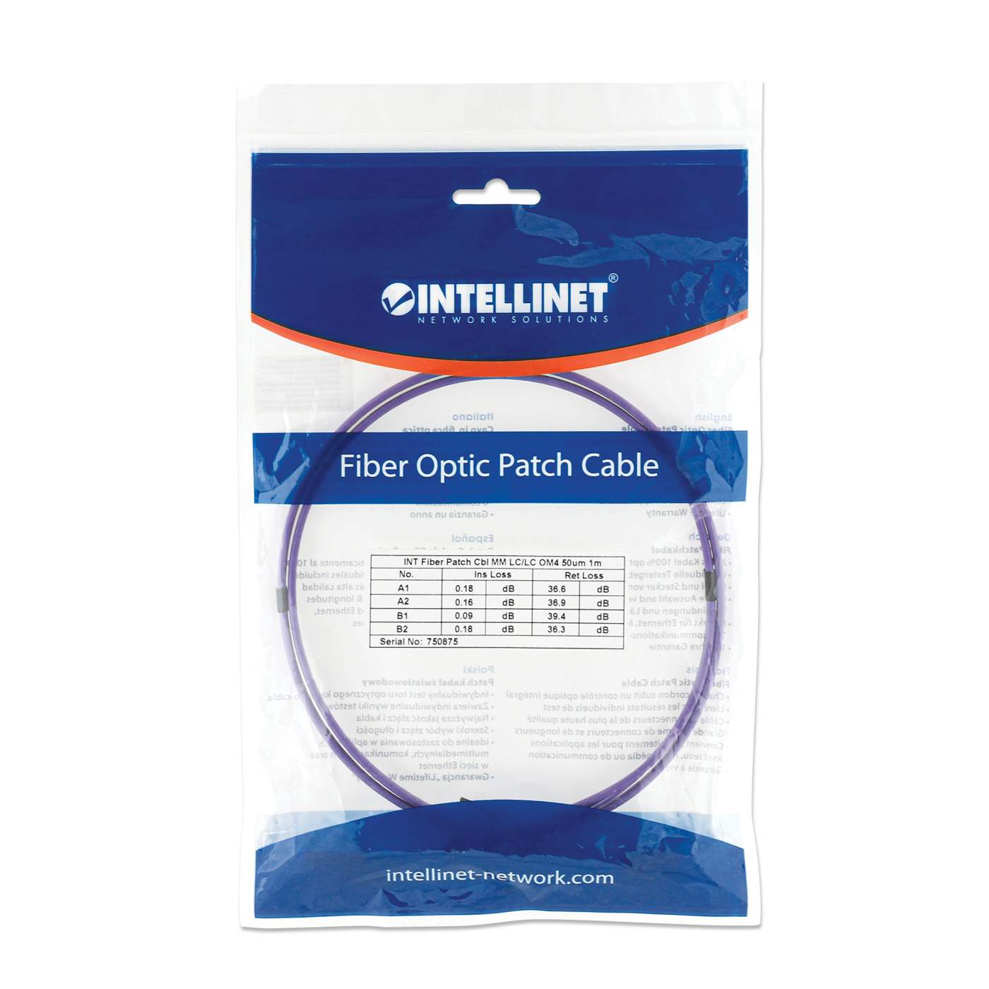 1 m LC to LC UPC Fiber Optic Patch Cable, 3.0 mm, Duplex, LSZH, OM4 Multimode, Violet Packaging Image 2