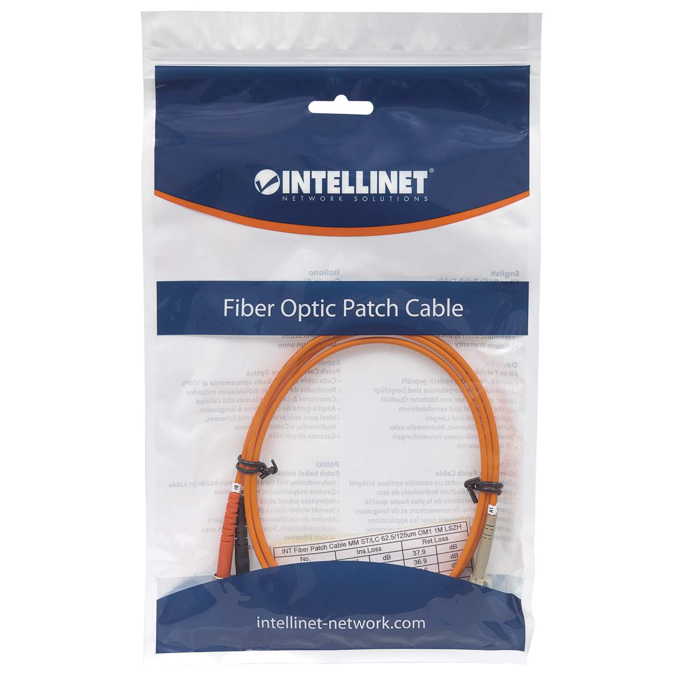 1 m LC to ST UPC Fiber Optic Patch Cable, 3.0 mm, Duplex, LSZH, OM1 Multimode, Orange Packaging Image 2