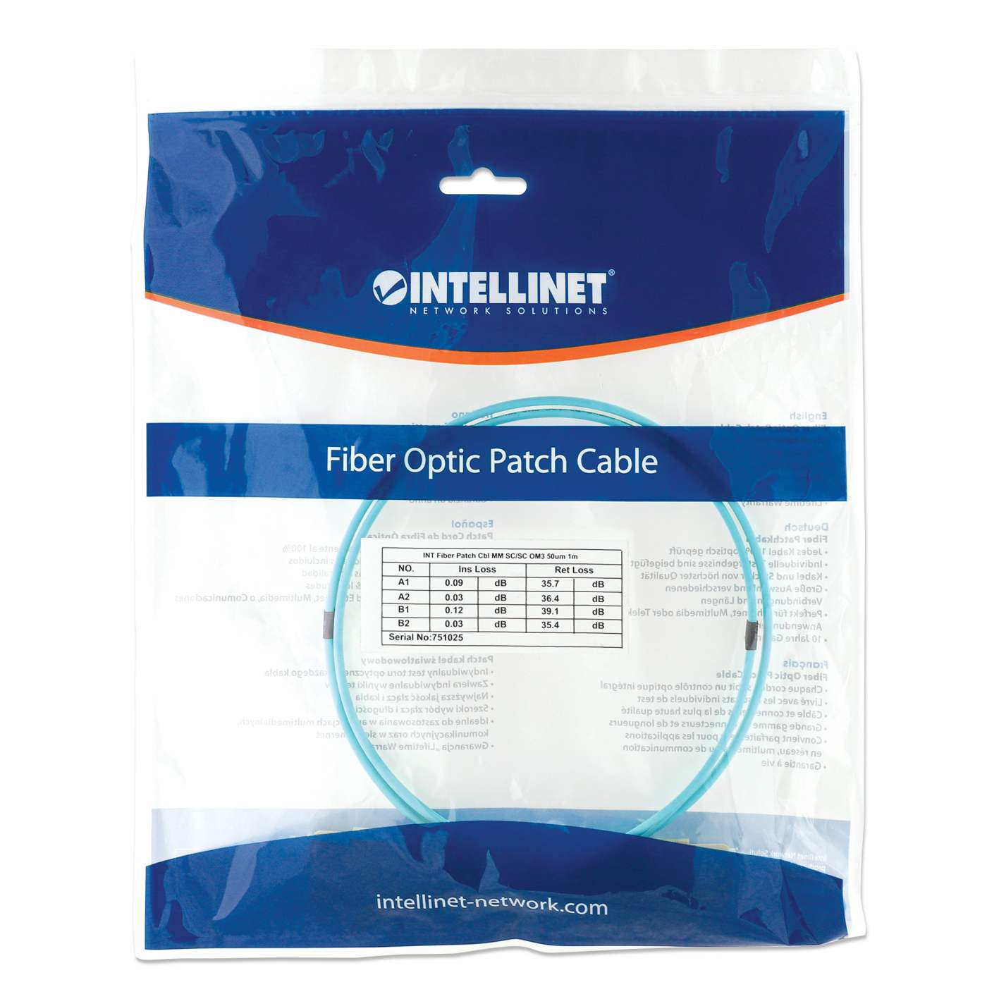 1 m SC to SC UPC Fiber Optic Patch Cable, 3.0 mm, Duplex, LSZH, OM3 Multimode, Aqua Packaging Image 2