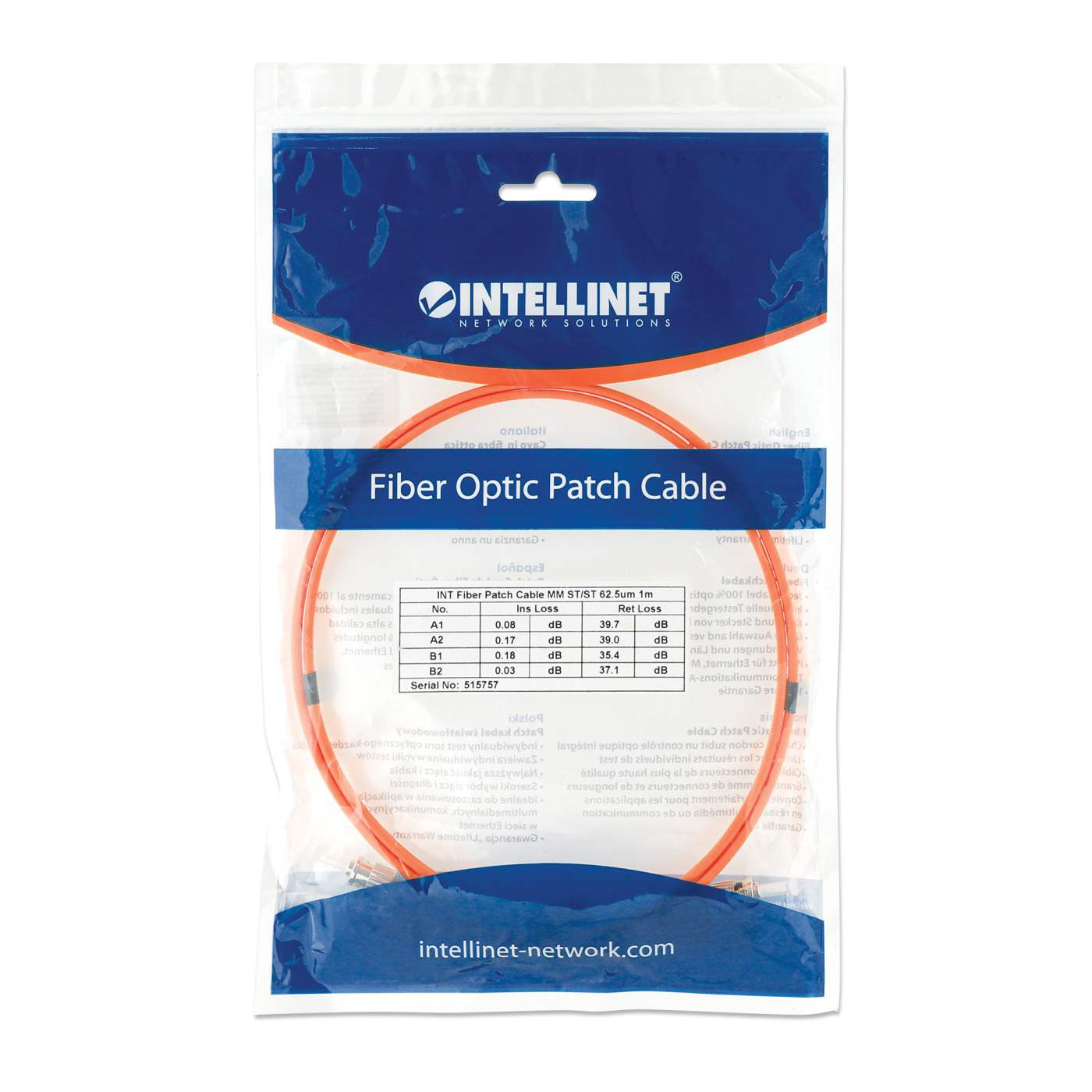 1 m ST to ST UPC Fiber Optic Patch Cable, 3.0 mm, Duplex, LSZH, OM1 Multimode, Orange Packaging Image 2