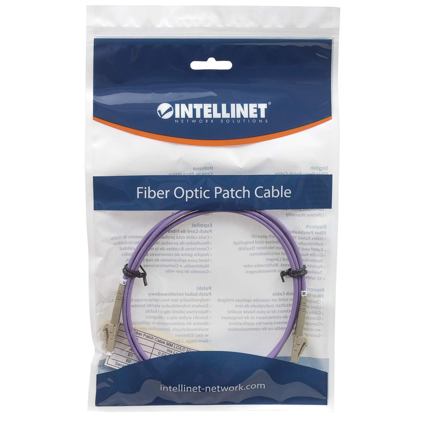 2 m LC to LC UPC Fiber Optic Patch Cable, 3.0 mm, Duplex, LSZH, OM4 Multimode, Violet Packaging Image 2