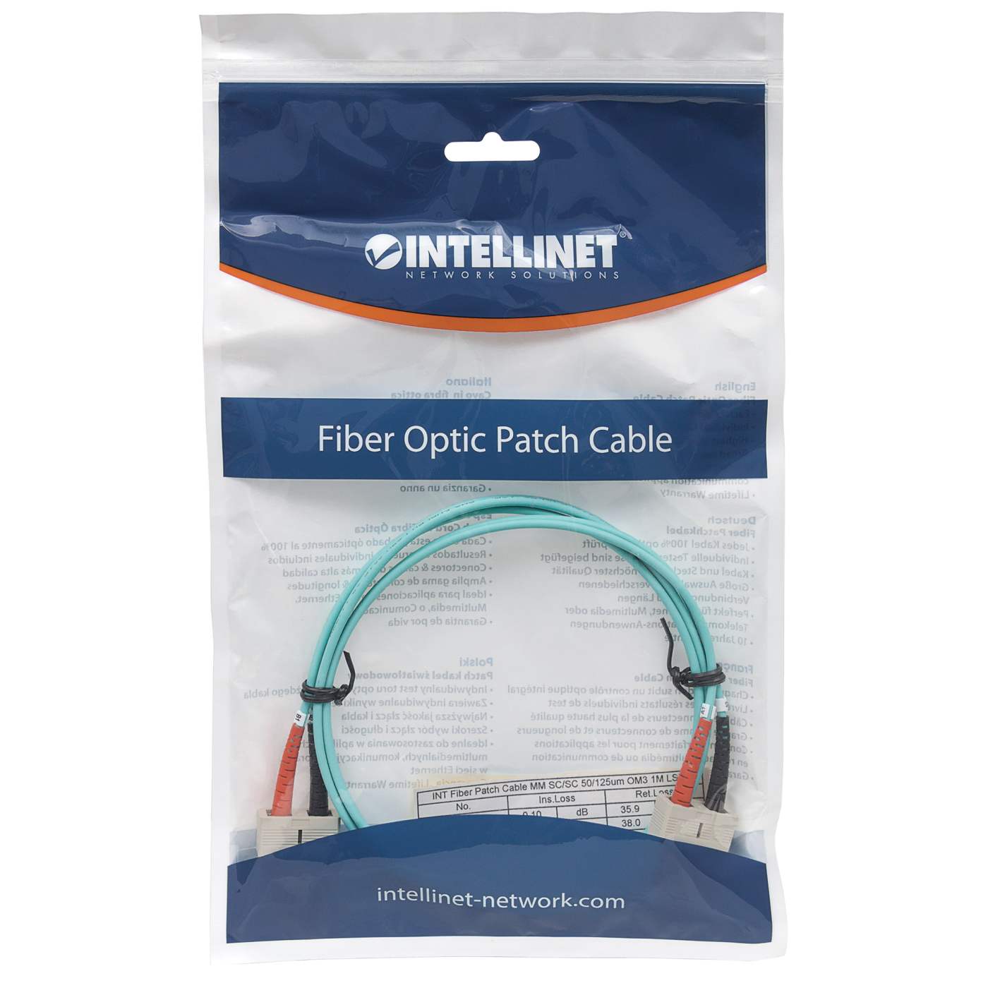 5 m SC to SC UPC Fiber Optic Patch Cable, 3.0 mm, Duplex, LSZH, OM3 Multimode, Aqua Packaging Image 2