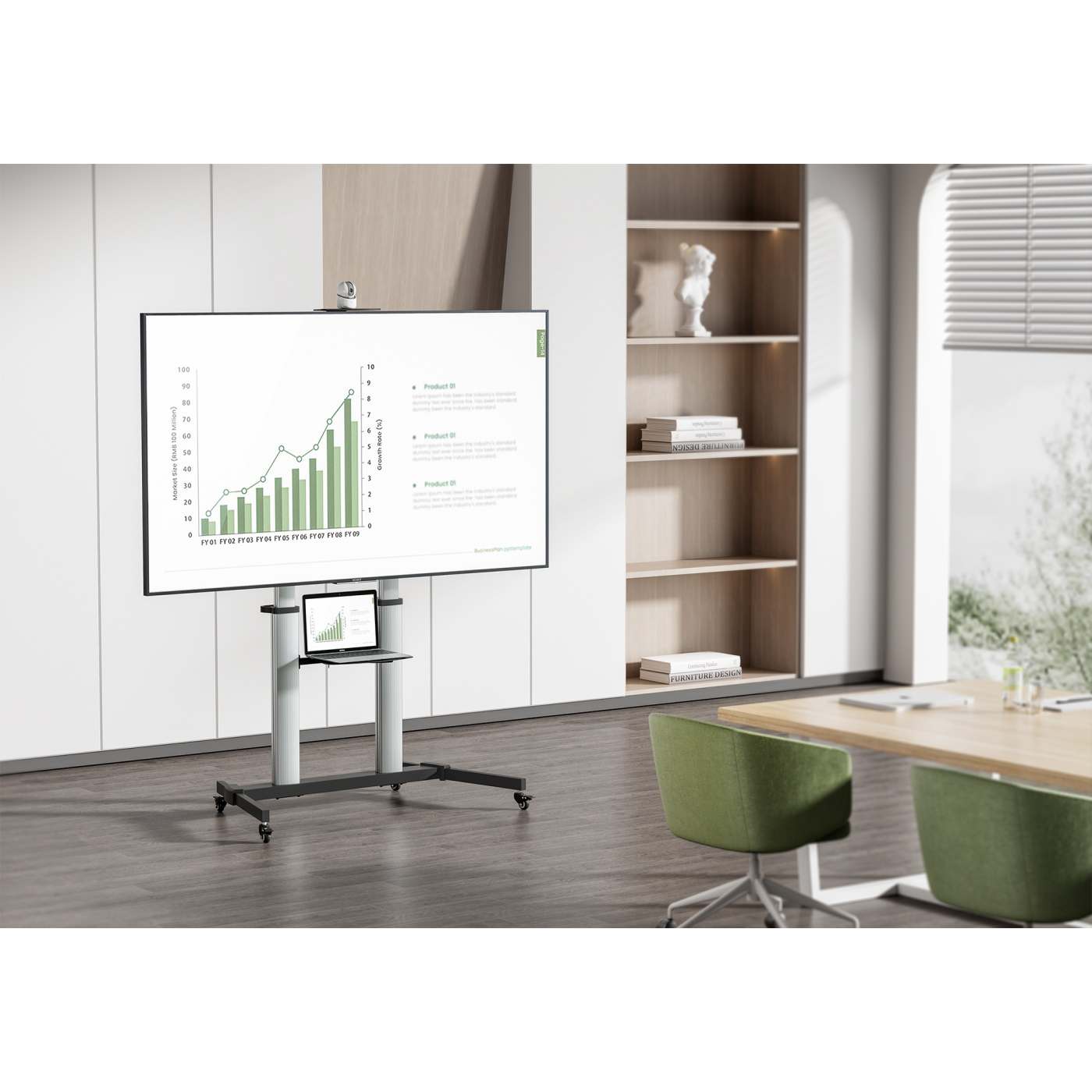 Aluminum Height-Adjustable Multimedia TV Cart, for 60" to 100" Displays Image 3