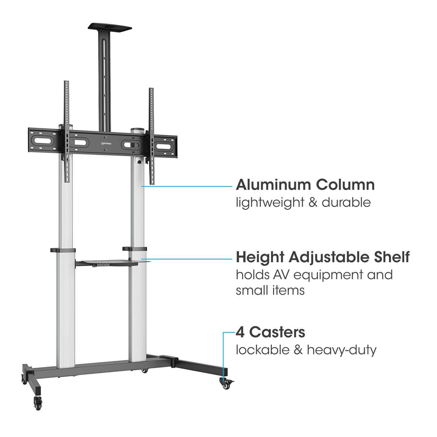 Aluminum Height-Adjustable Multimedia TV Cart, for 60" to 100" Displays Image 9