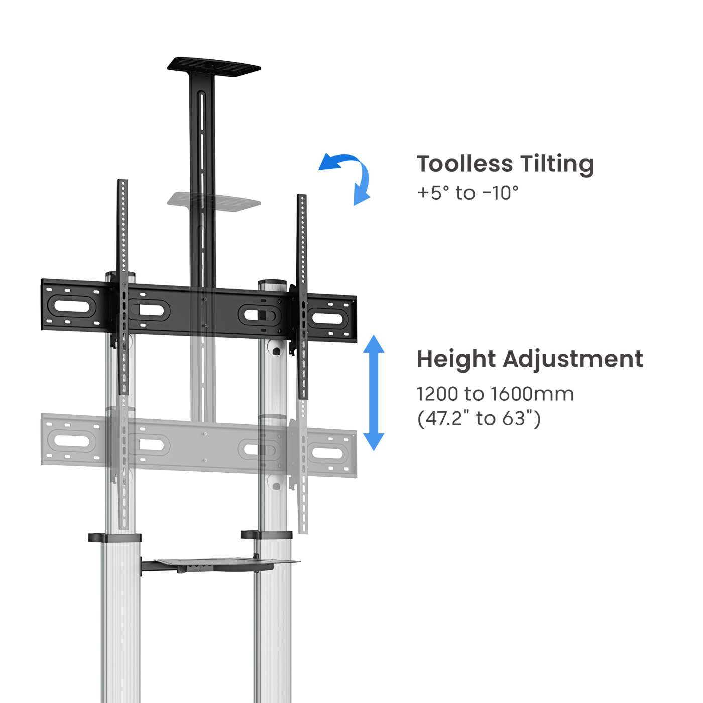 Aluminum Height-Adjustable Multimedia TV Cart, for 60" to 100" Displays Image 10