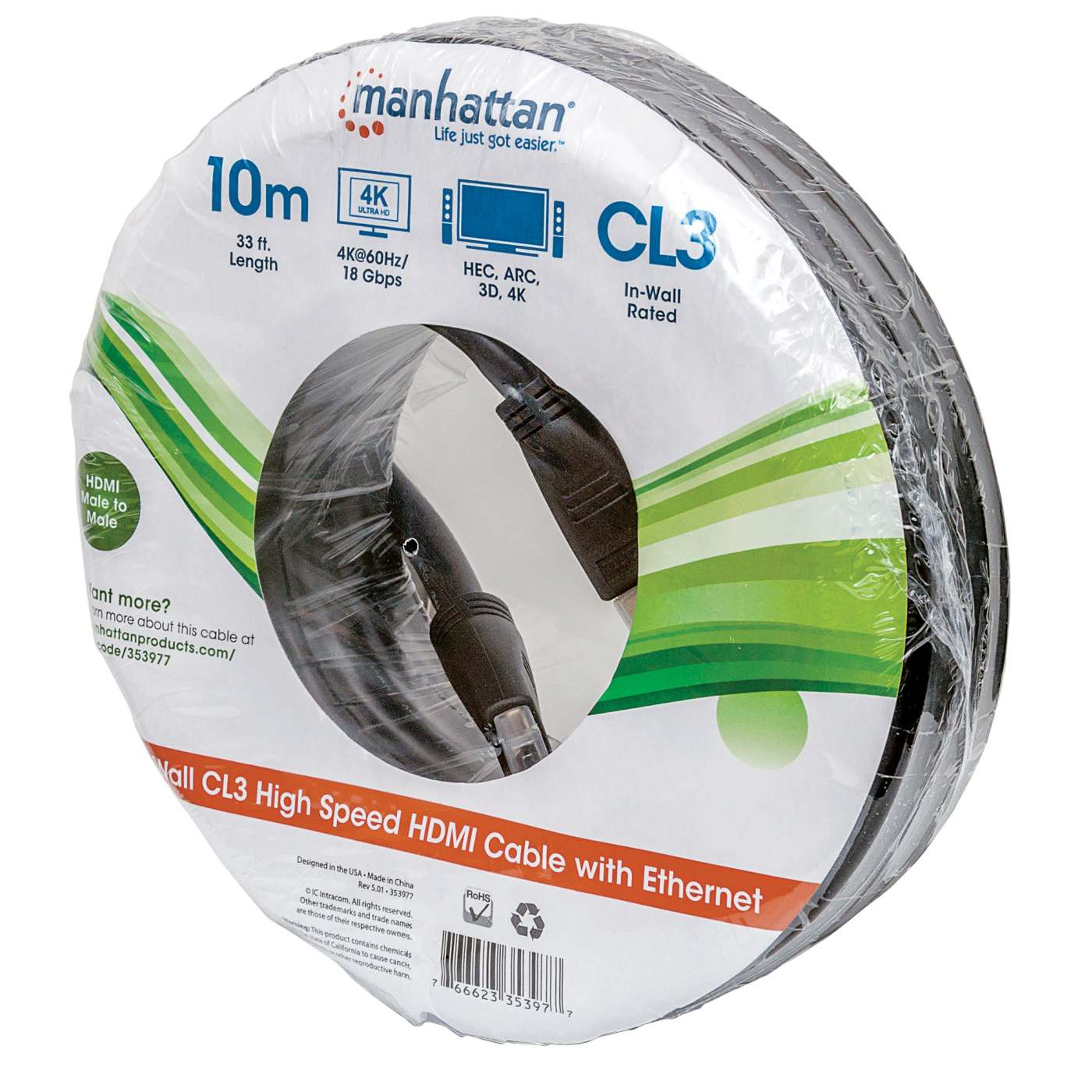 In-wall CL3 High Speed HDMI Cable with Ethernet, Black, 10 m (33 ft.) Packaging Image 2