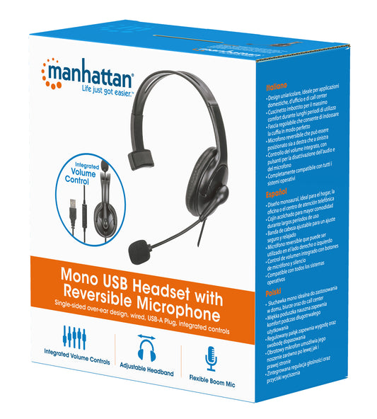 Mono USB Headset, Over-Ear, with Reversible Microphone Packaging Image 2