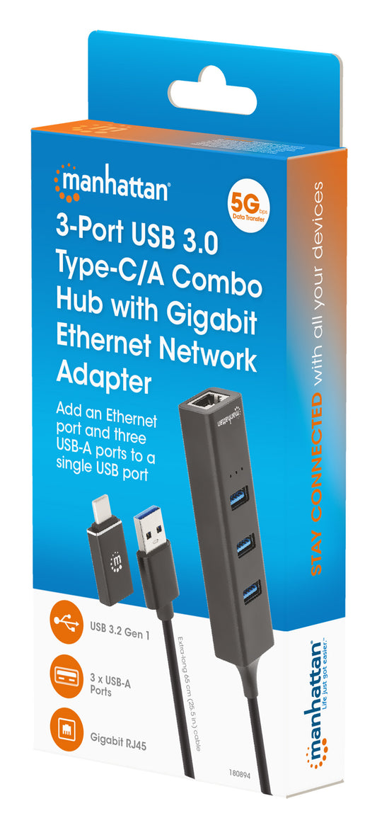 3-Port USB 3.0 Type-C/A Combo Hub with Gigabit Ethernet Network Adapter Packaging Image 2