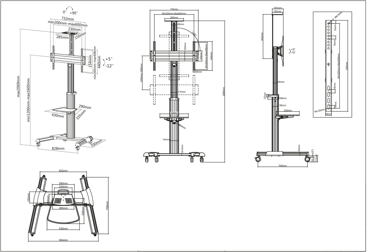 Aluminum Height-Adjustable Multimedia TV Cart, for 37" to 65" Displays Image 6