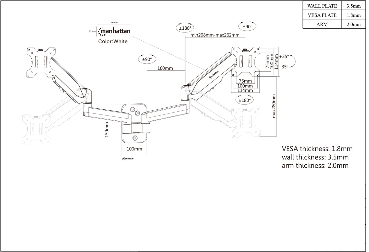 Universal Gas Spring Dual Monitor Wall Mount Image 8