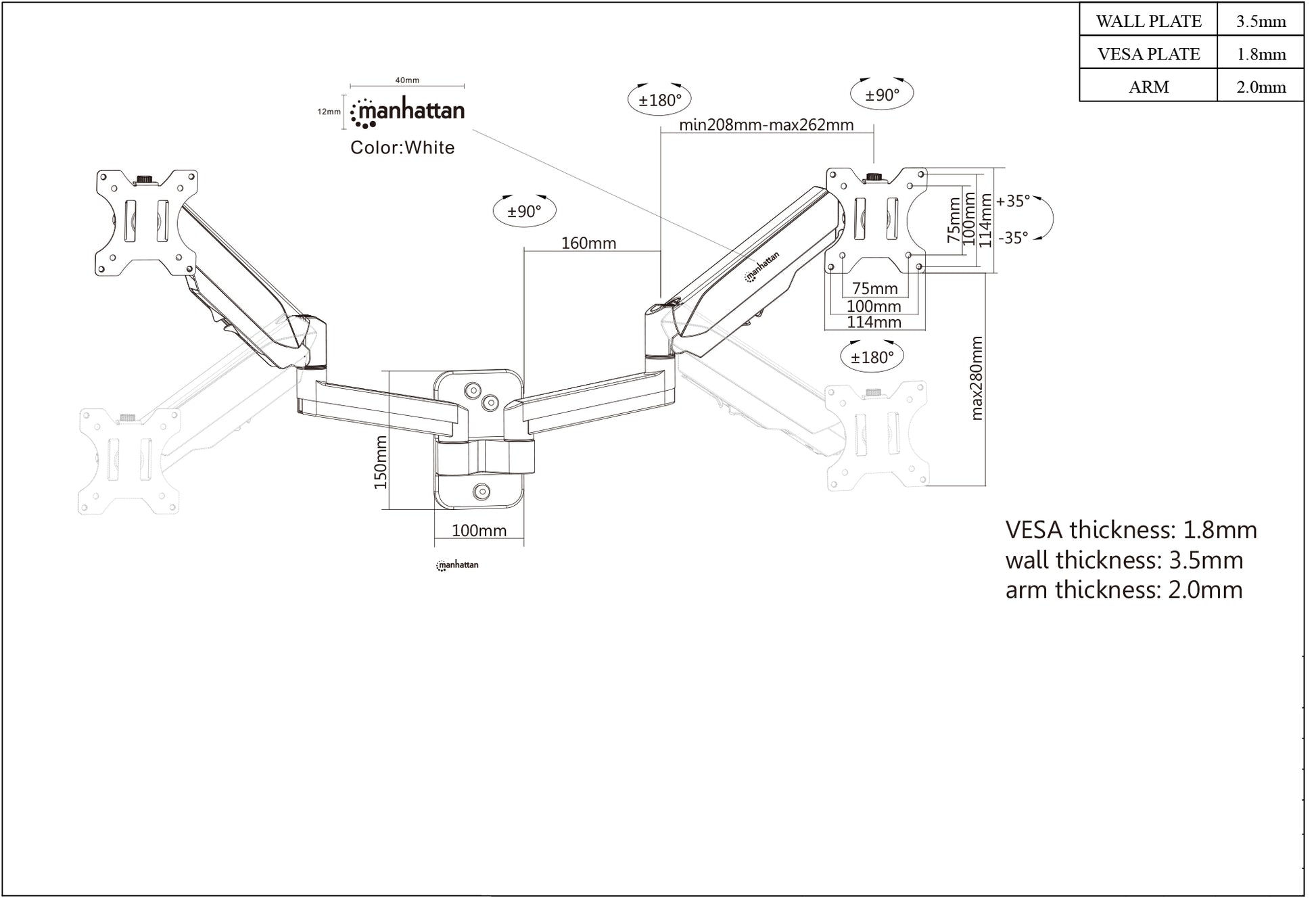 Universal Gas Spring Dual Monitor Wall Mount Image 8