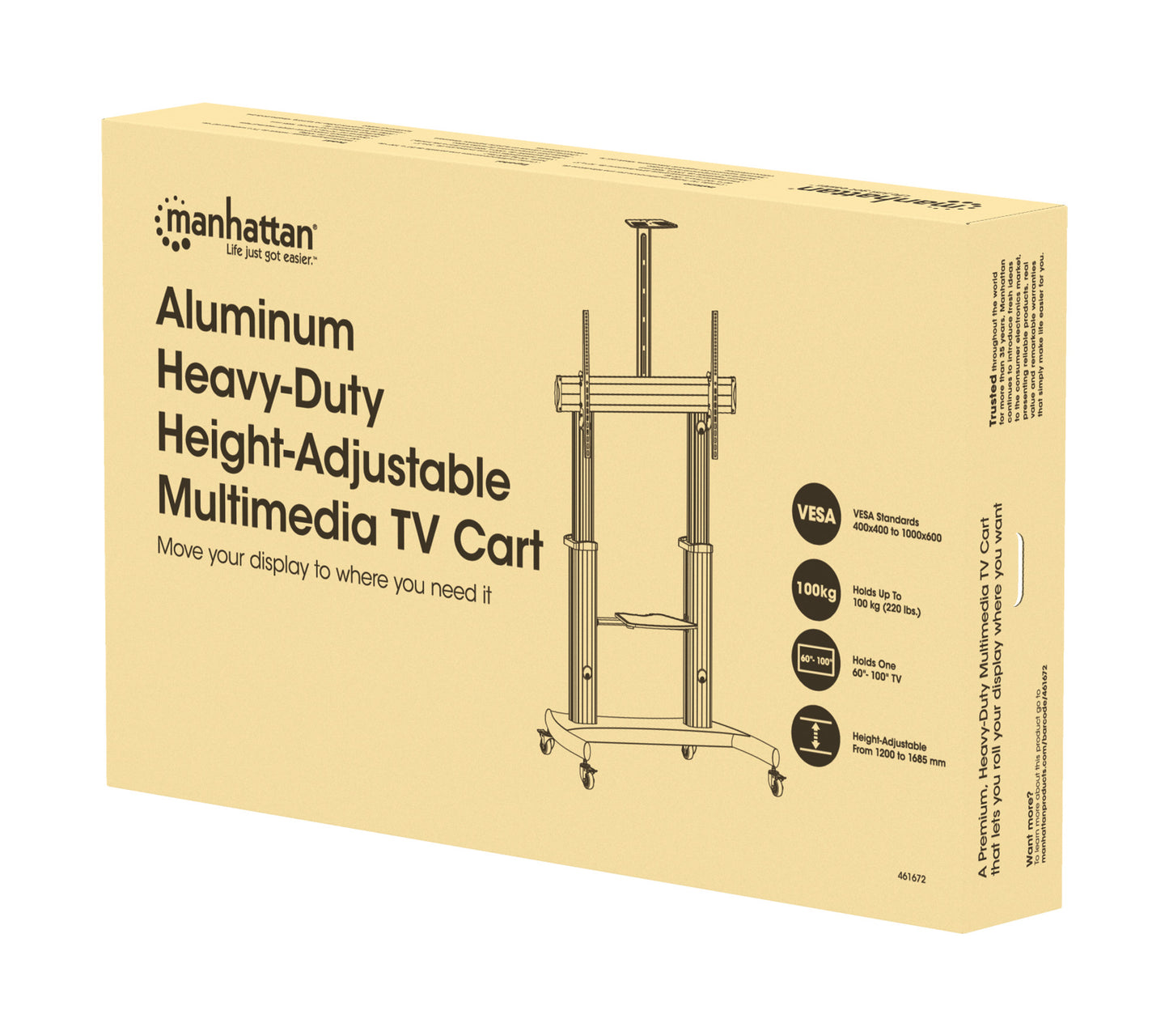 Aluminum Heavy-Duty Height-Adjustable Multimedia TV Cart, for 60" to 100" Displays Packaging Image 2