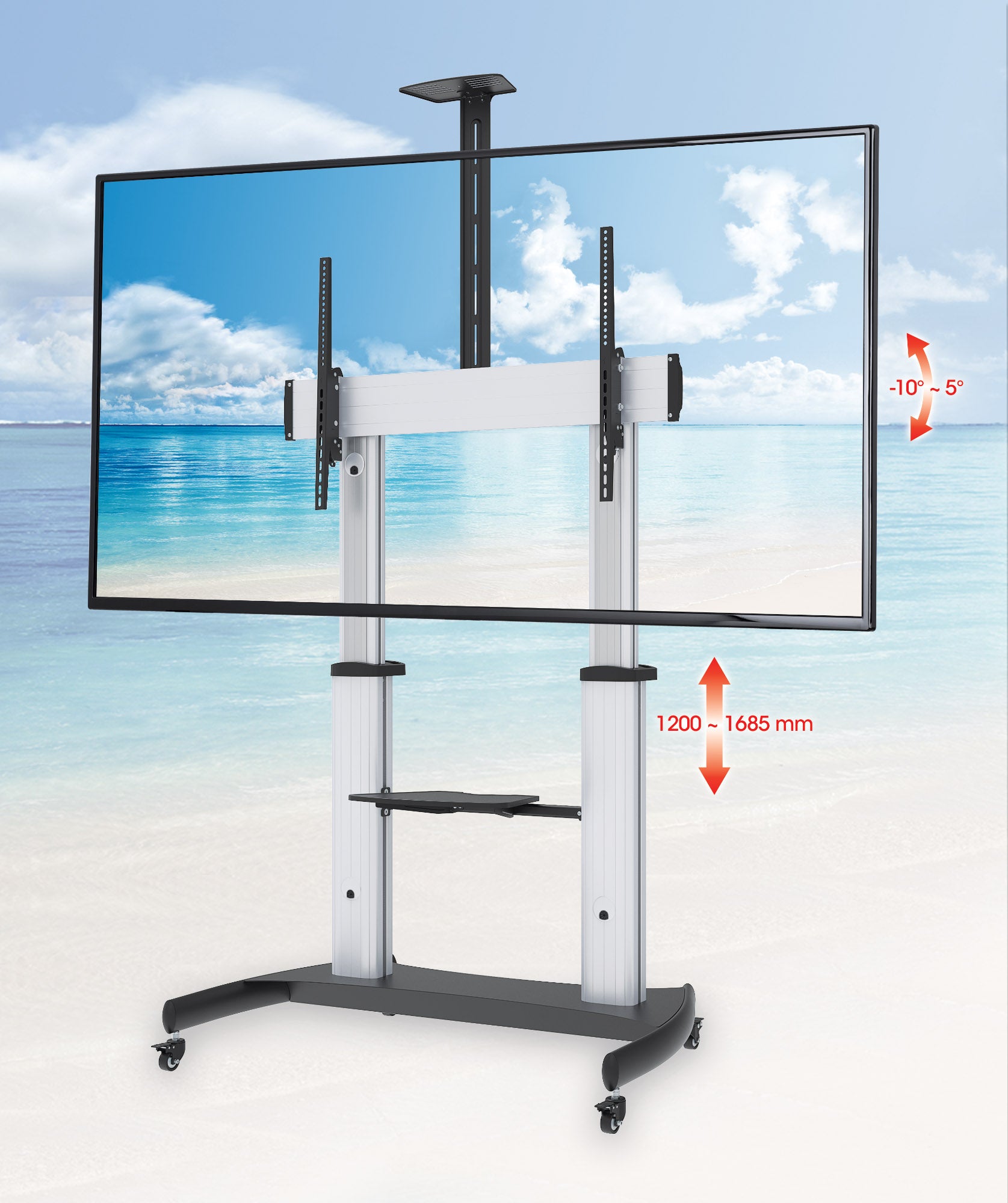 Aluminum Heavy-Duty Height-Adjustable Multimedia TV Cart, for 60" to 100" Displays Image 7