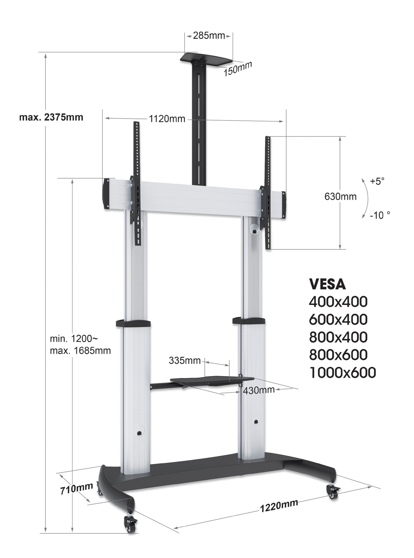 Aluminum Heavy-Duty Height-Adjustable Multimedia TV Cart, for 60" to 100" Displays Image 8