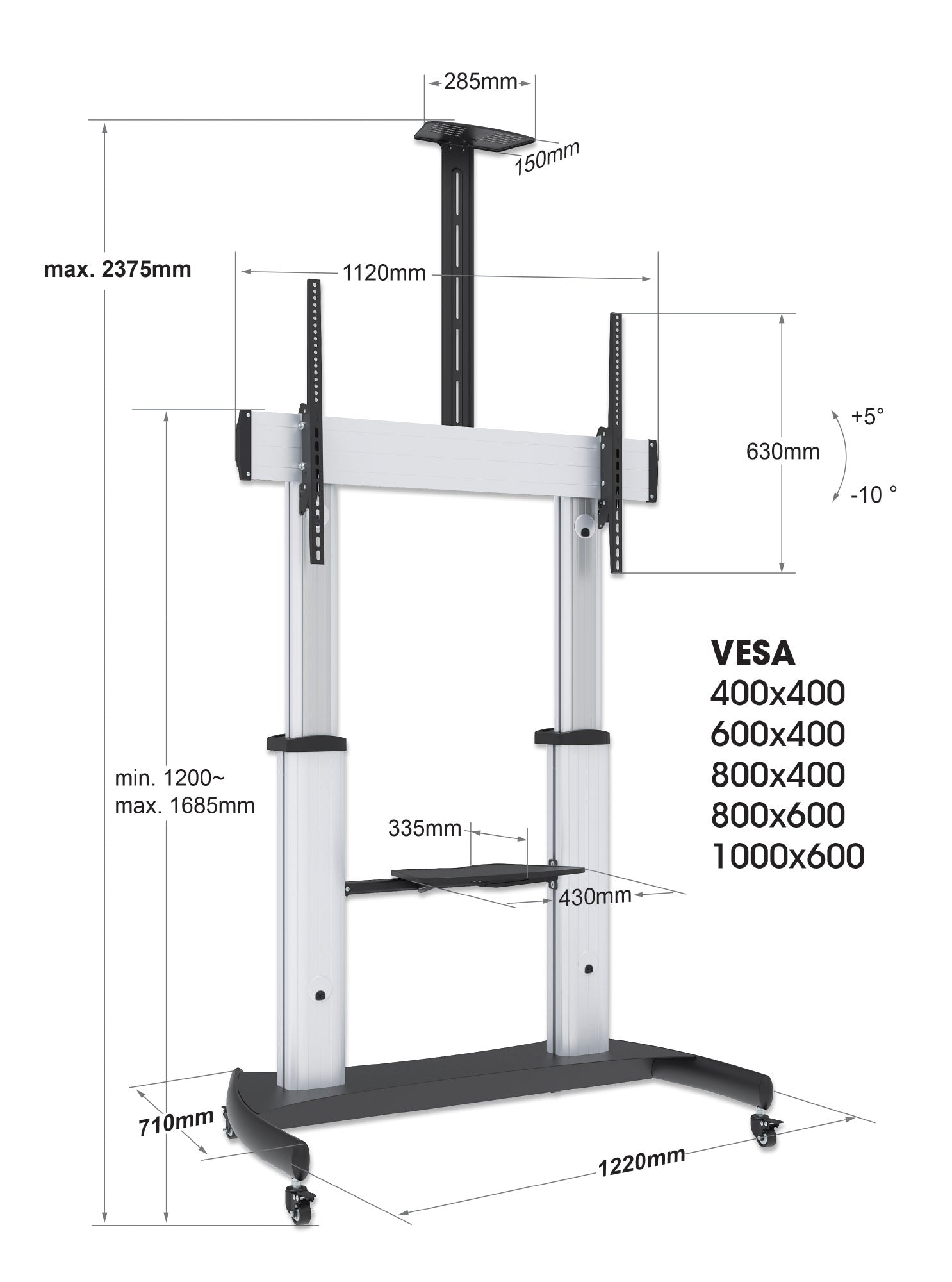 Aluminum Heavy-Duty Height-Adjustable Multimedia TV Cart, for 60" to 100" Displays Image 8