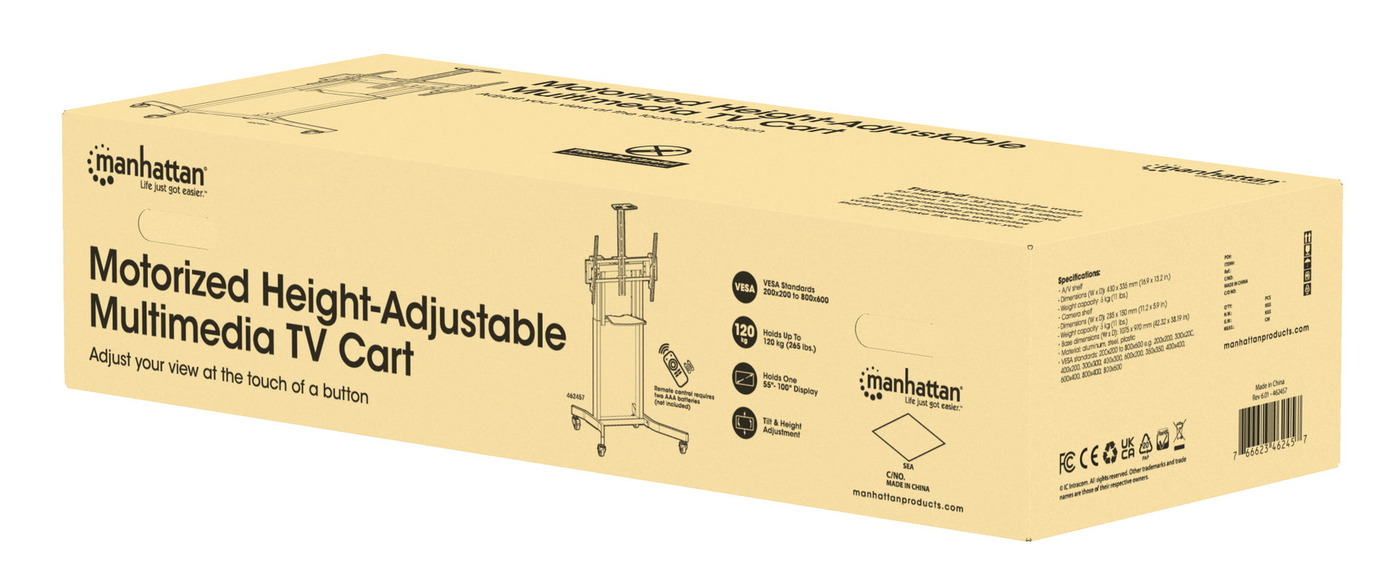 Motorized Height-Adjustable Multimedia TV Cart, for 55" to 100" Displays Packaging Image 2