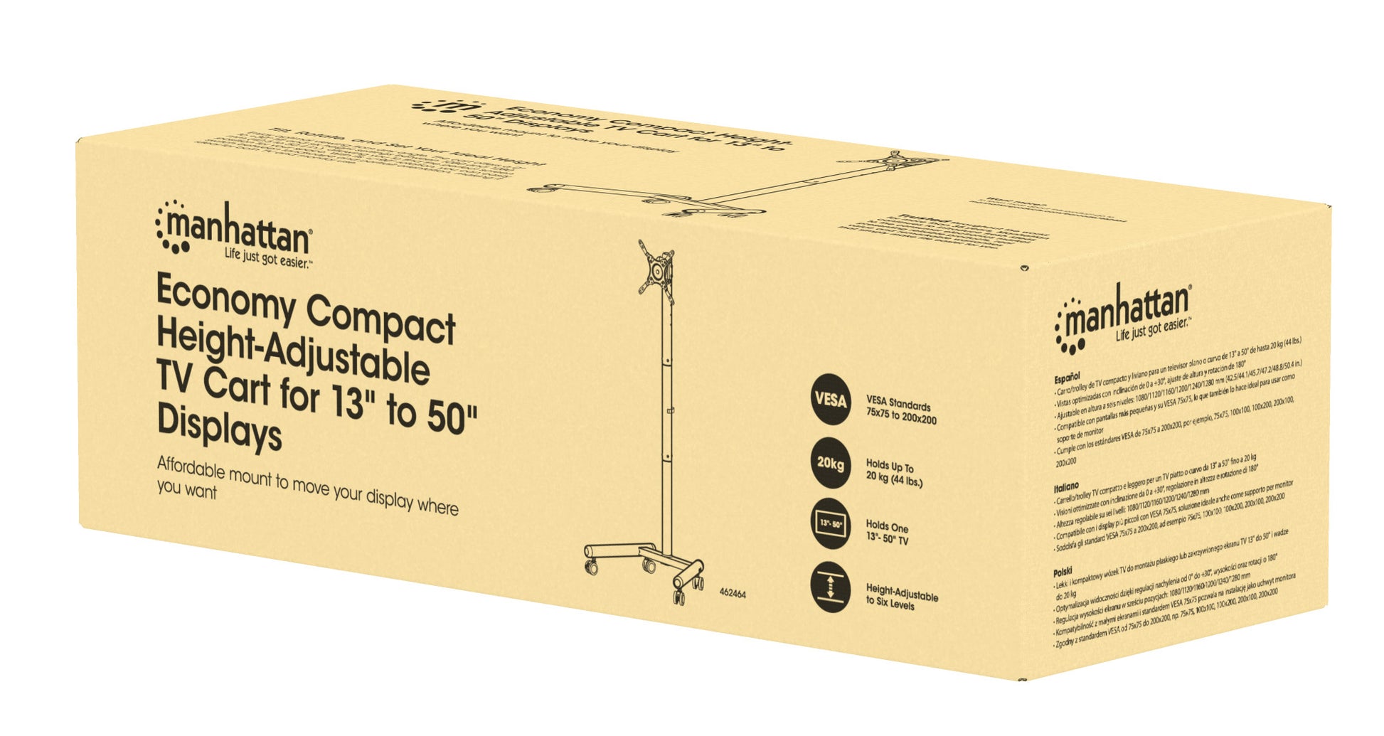 Economy Compact Height-Adjustable TV Cart, for 13" to 50" Displays Packaging Image 2