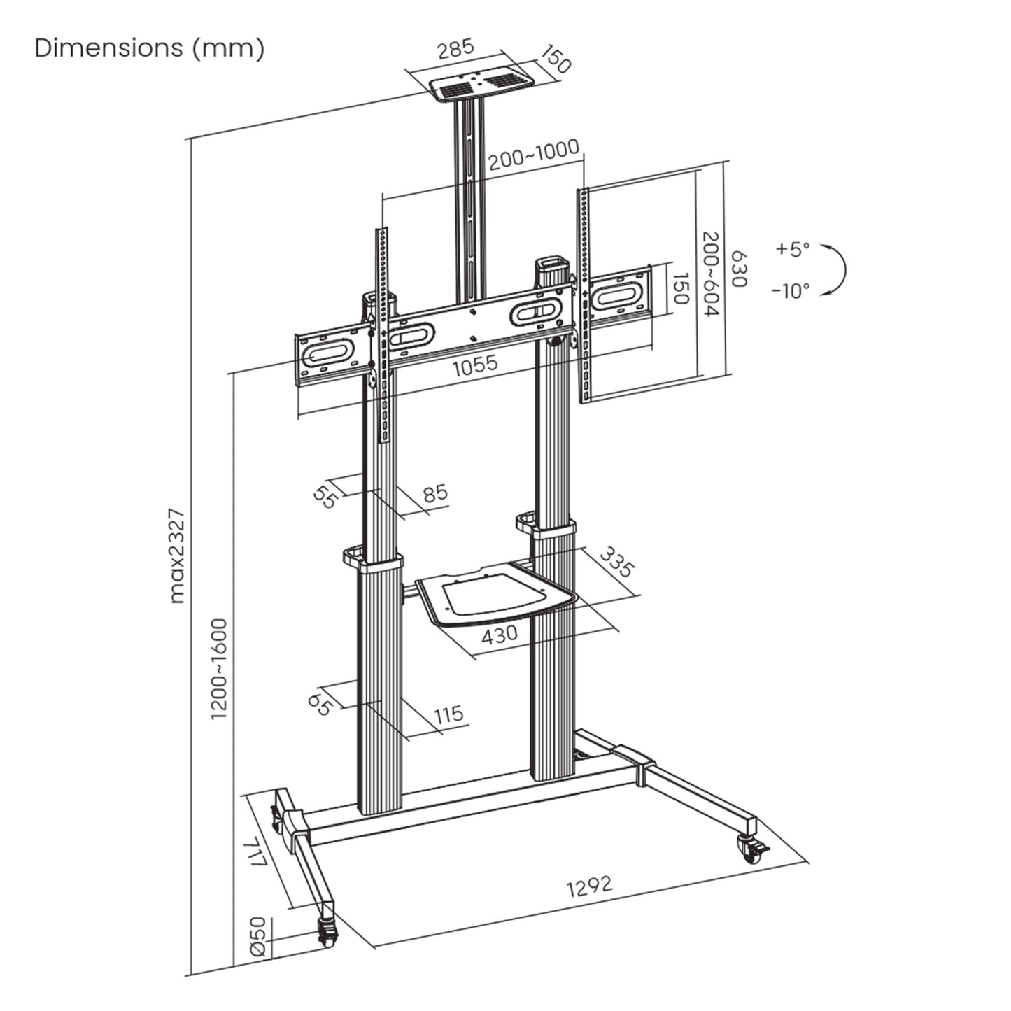 Aluminum Height-Adjustable Multimedia TV Cart, for 60" to 100" Displays Image 13