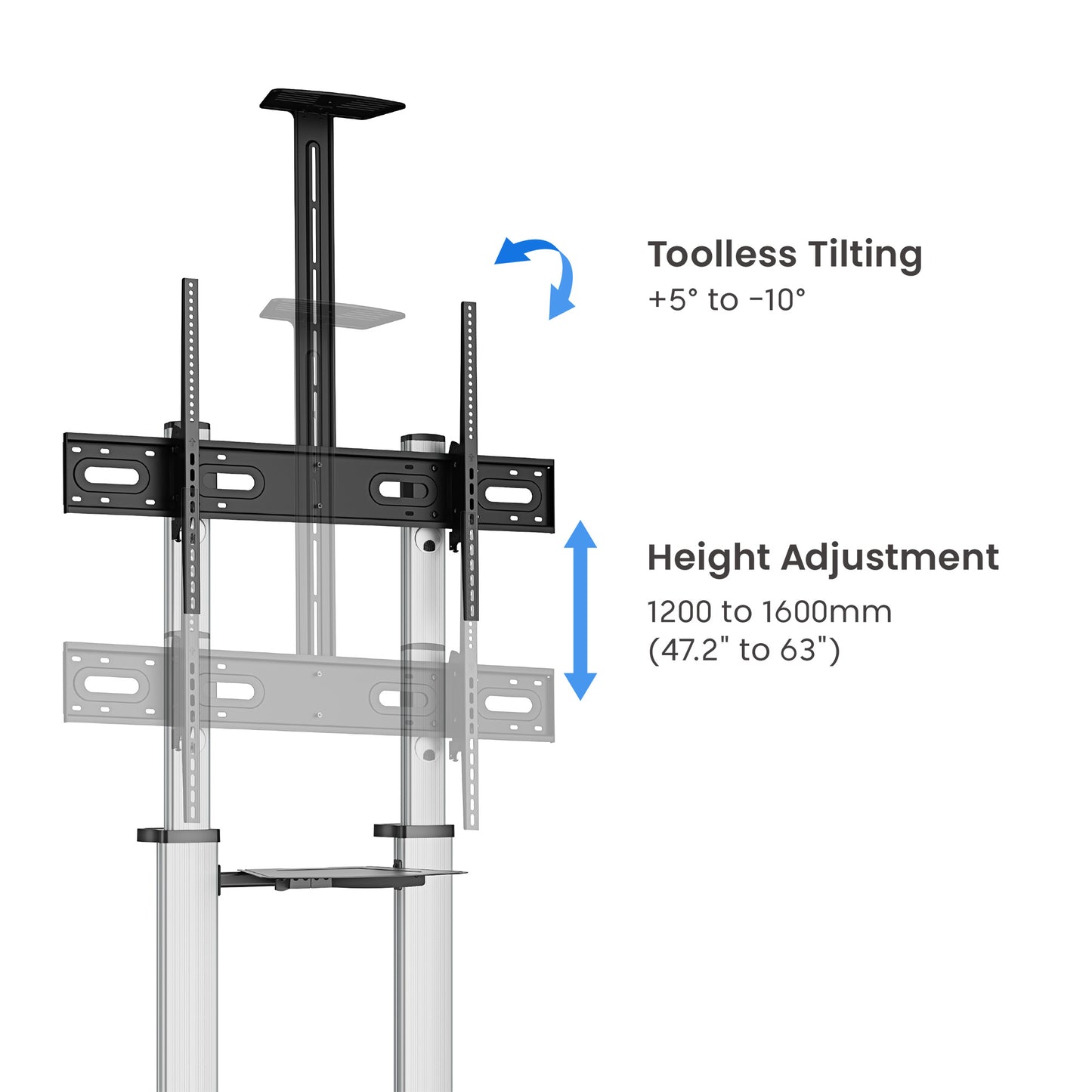 Aluminum Height-Adjustable Multimedia TV Cart, for 60" to 100" Displays Image 10