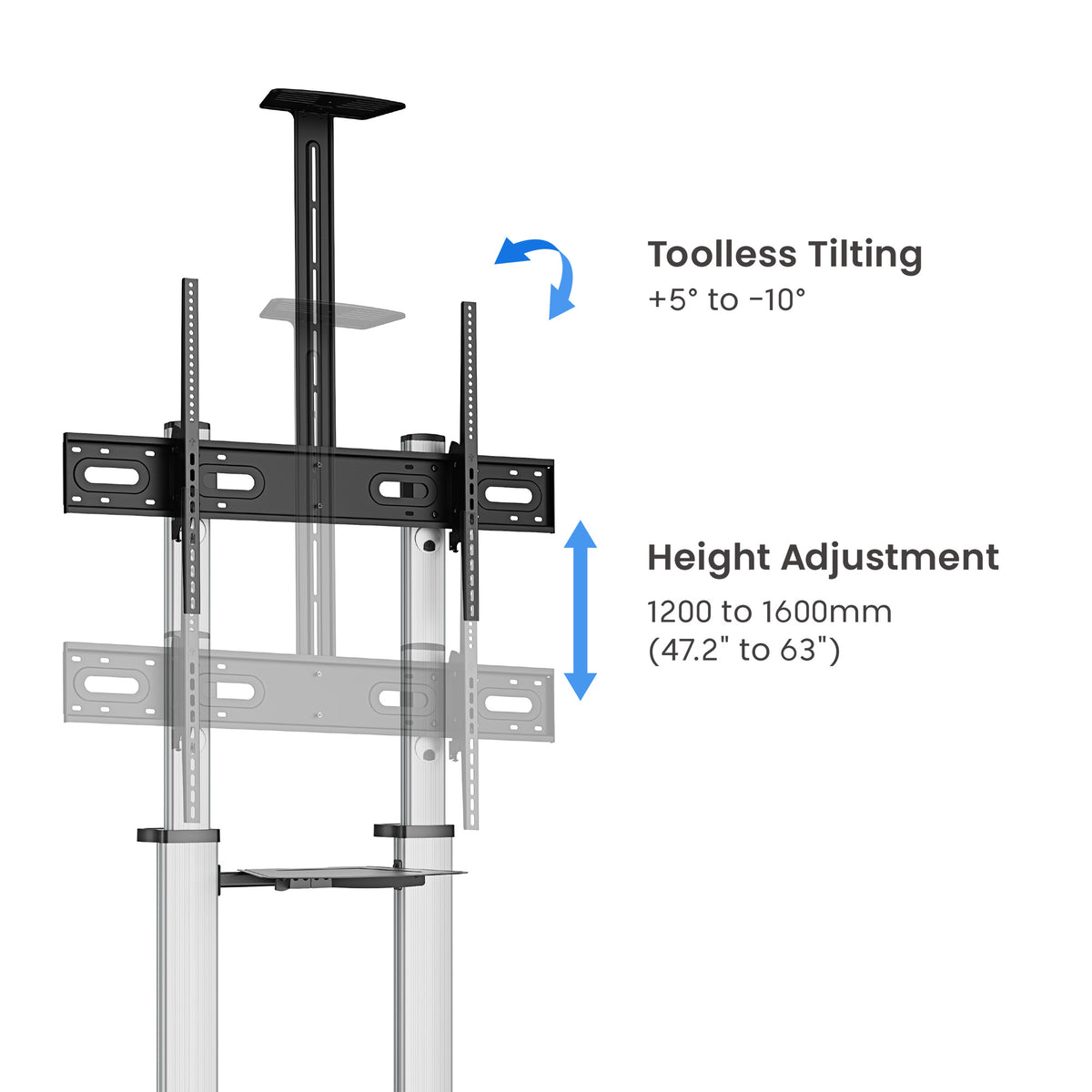 Aluminum Height-Adjustable Multimedia TV Cart, for 60" to 100" Displays Image 10