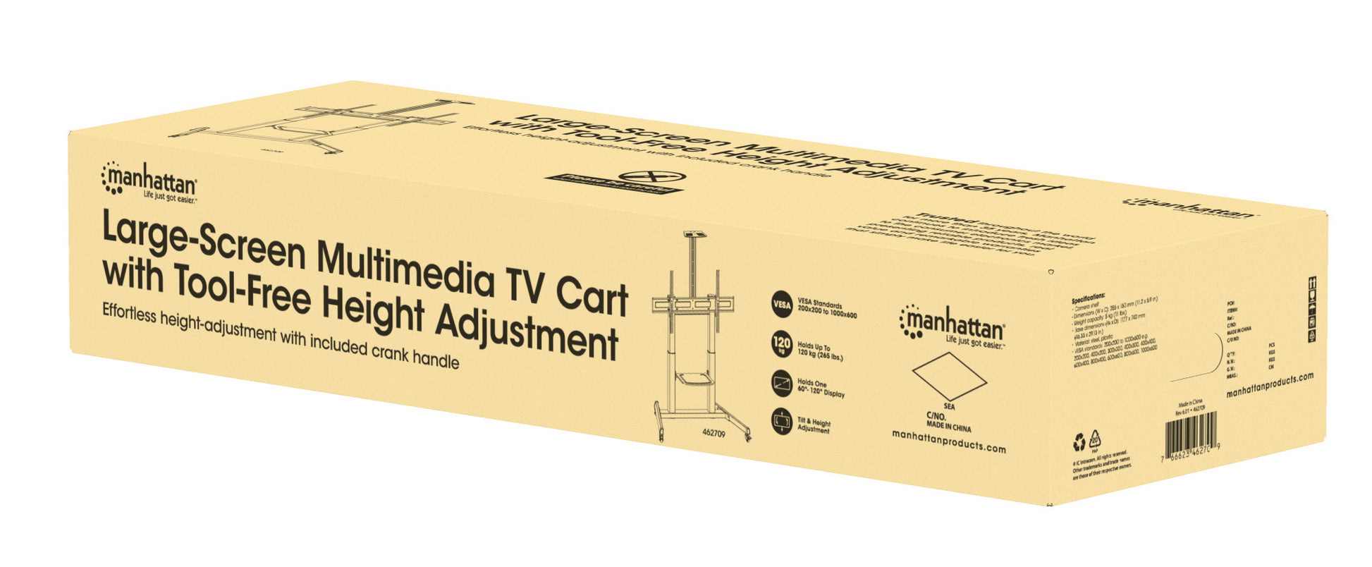 Large-Screen Multimedia TV Cart with Tool-Free Height Adjustment, for 60" to 120" Displays Packaging Image 2