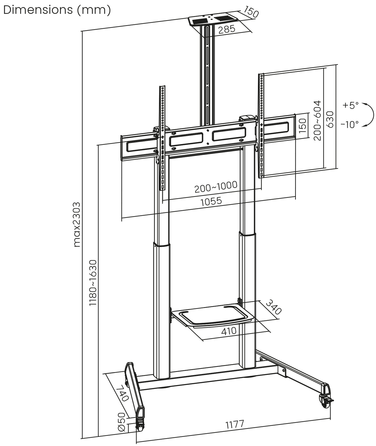 Large-Screen Multimedia TV Cart with Tool-Free Height Adjustment, for 60" to 120" Displays Image 15
