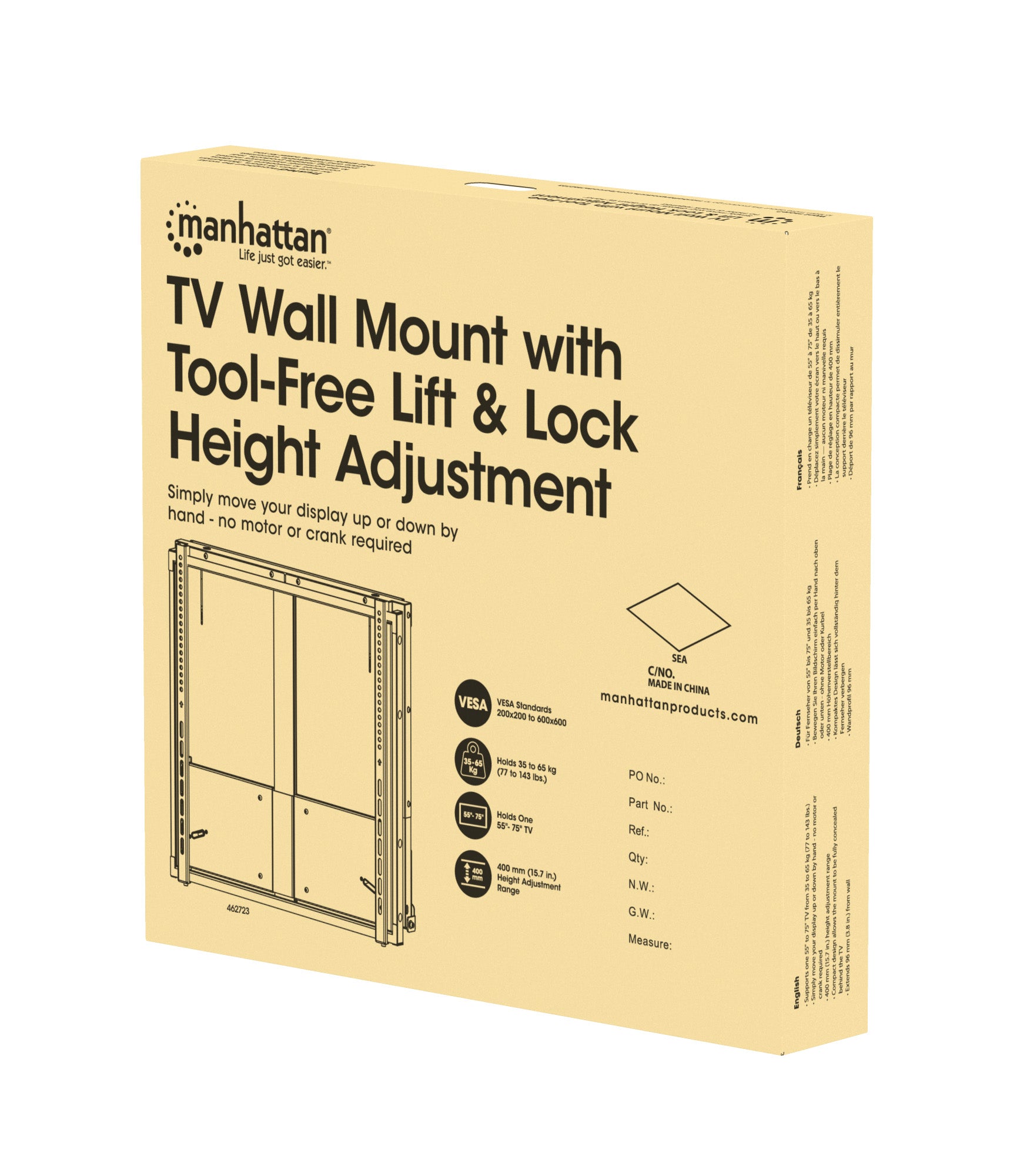 TV Wall Mount with Tool-Free Lift & Lock Height Adjustment, for 55" to 75" Displays Packaging Image 2