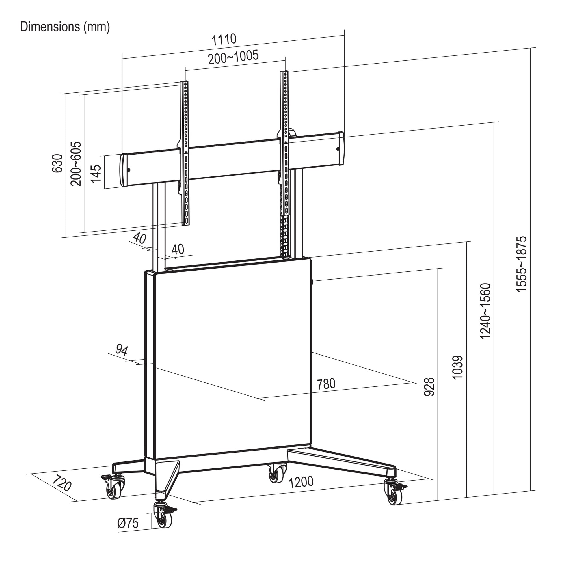 TV Cart with Tool-Free Lift & Lock Height Adjustment, for 50" to 100" Displays Image 15