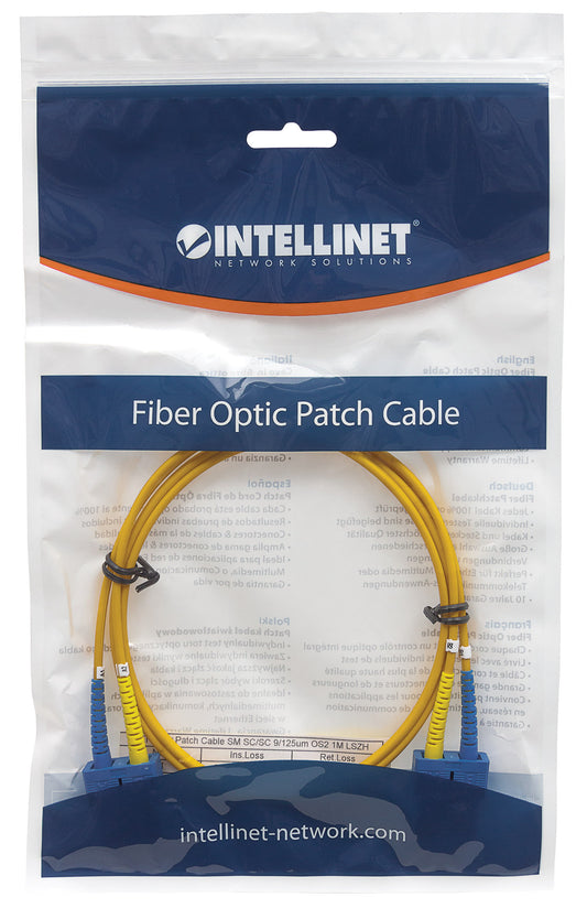 1 m SC to SC UPC Fiber Optic Patch Cable, 3.0 mm, Duplex, LSZH, OS2 Singlemode, Yellow Packaging Image 2