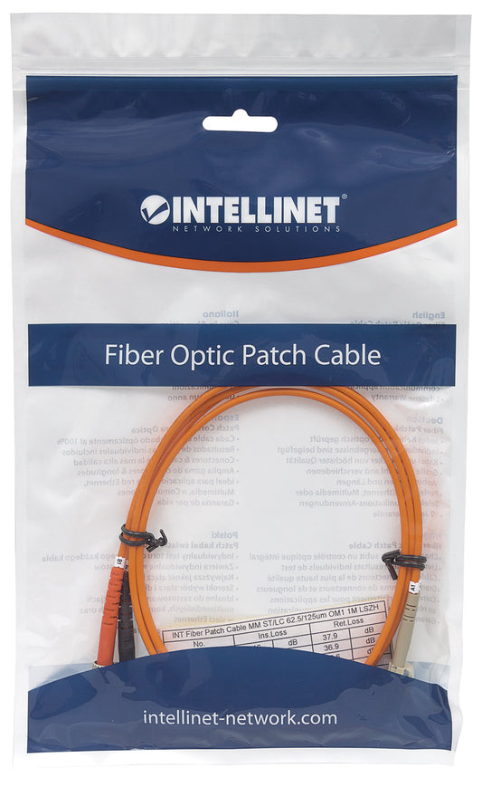 1 m LC to ST UPC Fiber Optic Patch Cable, 3.0 mm, Duplex, LSZH, OM1 Multimode, Orange Packaging Image 2