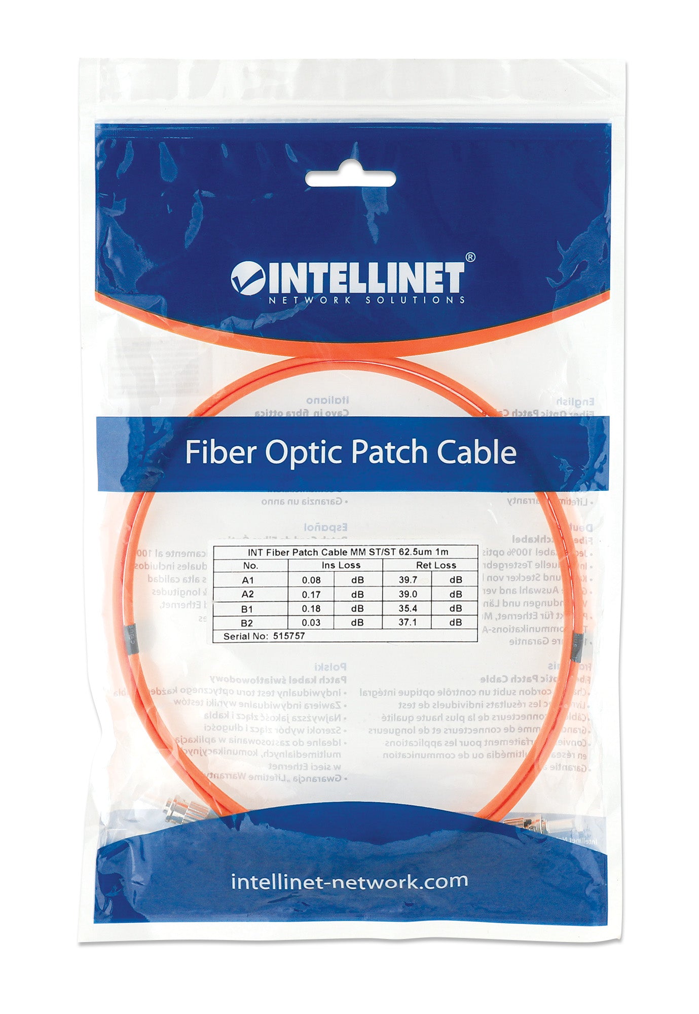 1 m ST to ST UPC Fiber Optic Patch Cable, 3.0 mm, Duplex, LSZH, OM1 Multimode, Orange Packaging Image 2
