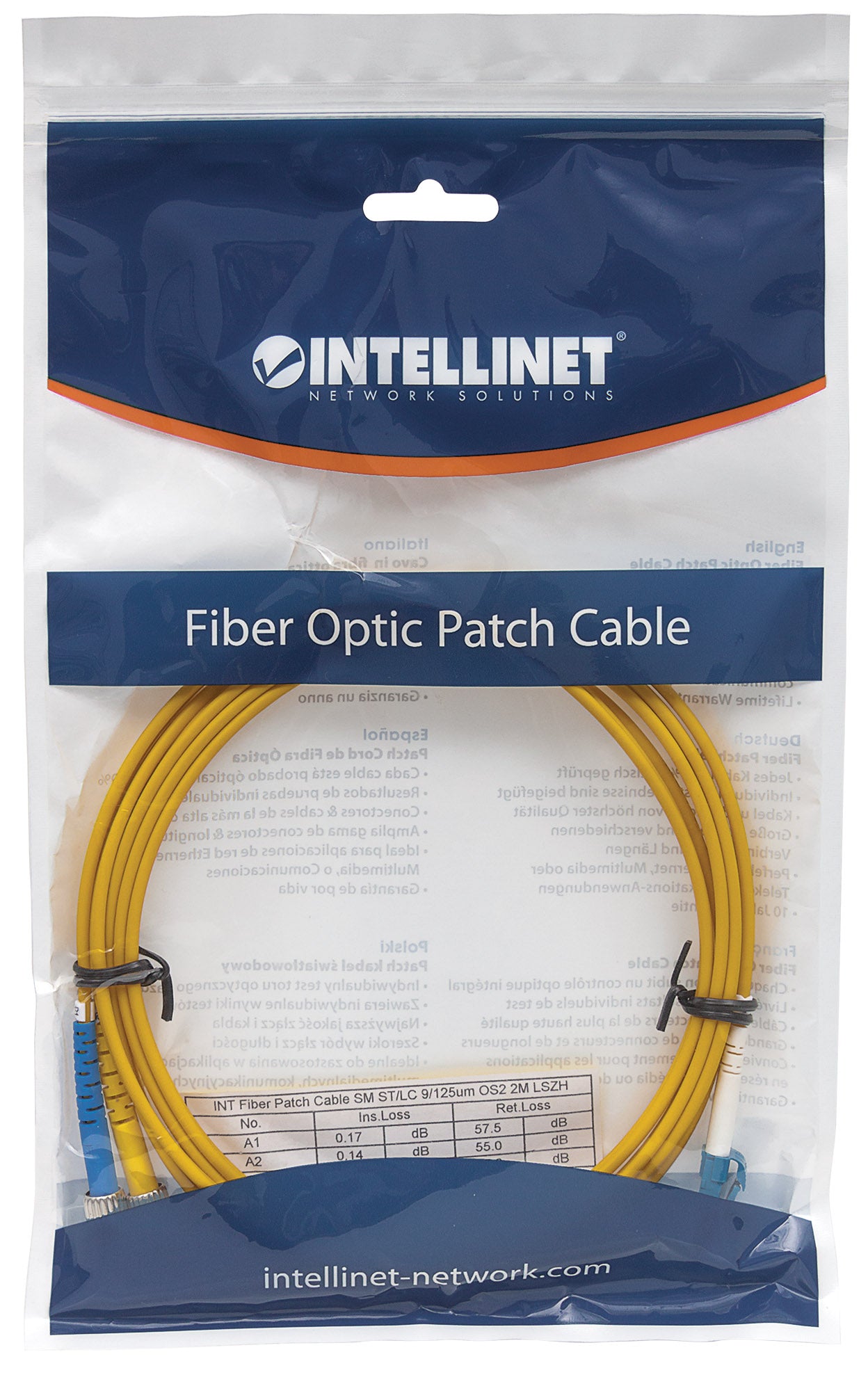 5 m LC to ST UPC Fiber Optic Patch Cable, 3.0 mm, Duplex, LSZH, OS2 Singlemode, Yellow Packaging Image 2