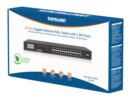 24-Port Gigabit Ethernet PoE+ Switch with 2 SFP Ports and LCD Screen Packaging Image 2