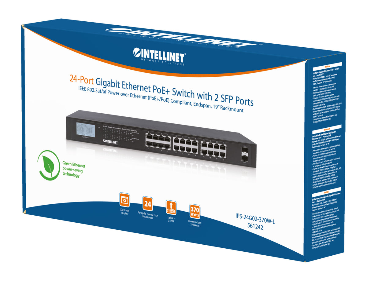 24-Port Gigabit Ethernet PoE+ Switch with 2 SFP Ports and LCD Screen Packaging Image 2