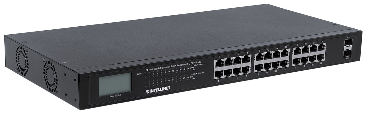 24-Port Gigabit Ethernet PoE+ Switch with 2 SFP Ports and LCD Screen Image 3