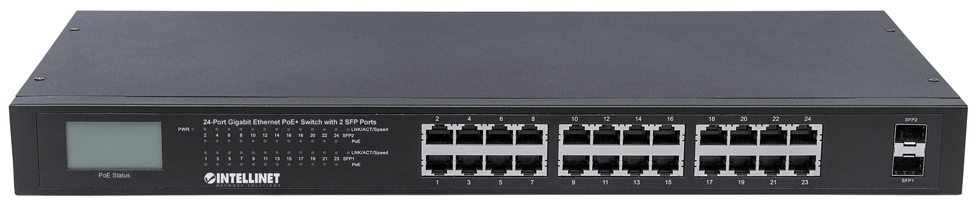 24-Port Gigabit Ethernet PoE+ Switch with 2 SFP Ports and LCD Screen Image 4