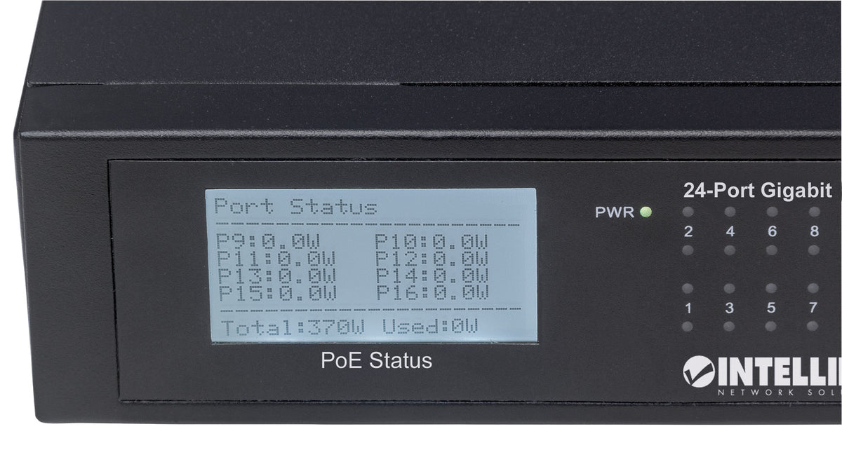 24-Port Gigabit Ethernet PoE+ Switch with 2 SFP Ports and LCD Screen Image 6