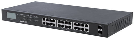 24-Port Gigabit Ethernet PoE+ Switch with 2 SFP Ports and LCD Screen Image 1