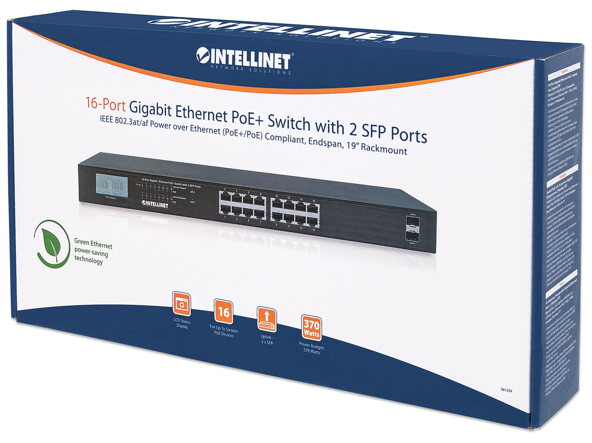 16-Port Gigabit Ethernet PoE+ Switch with 2 SFP Ports and LCD Screen Packaging Image 2