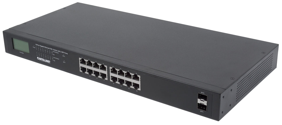 16-Port Gigabit Ethernet PoE+ Switch with 2 SFP Ports and LCD Screen Image 1